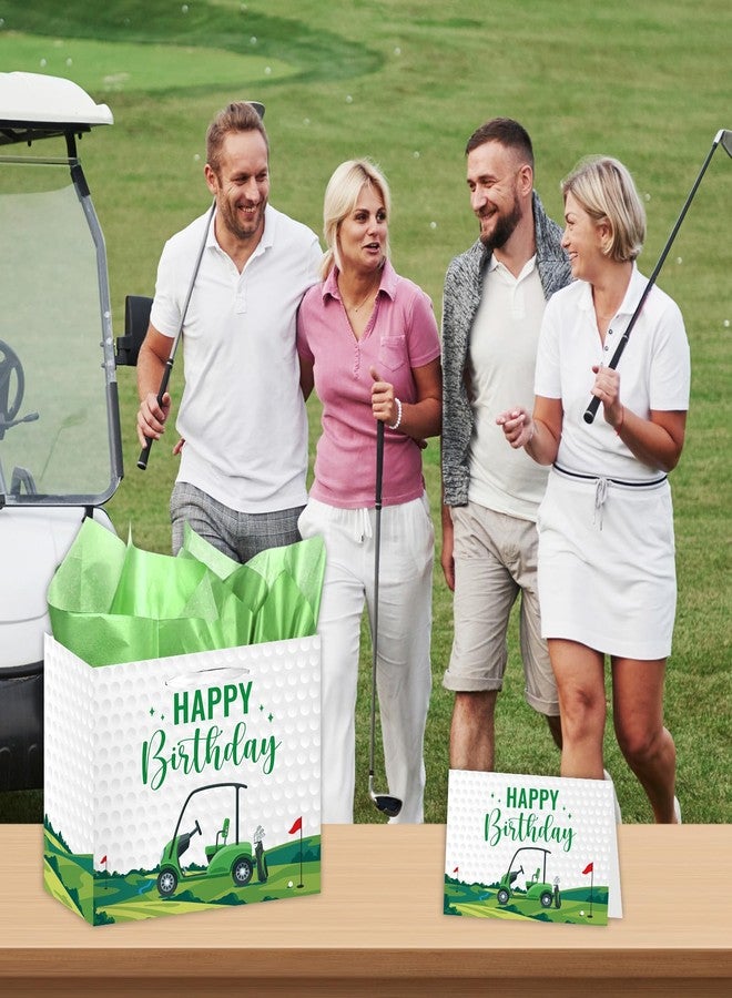 Wxiben حقيبة هدايا عيد ميلاد Wxiben Golf - زينة حفلات عيد ميلاد سعيد للرجال والأولاد، حقيبة تغليف هدايا الحفلات باللونين الأخضر والأبيض مع مقبض وبطاقة معايدة مناديل ورقية، لوازم زينة بطابع الجولف - Image 3